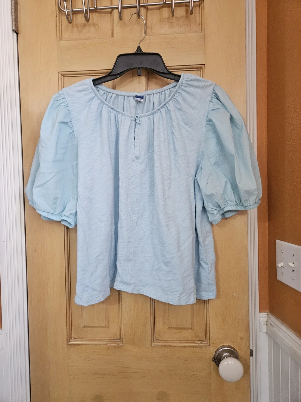 Old Navy Light Blue Mixed Media Puff Sleeve Women's Top